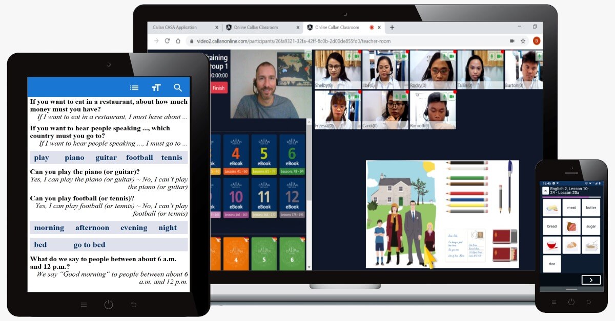 Aplikácia Callan Method zobrazená na notebooku, tablete a mobilnom telefóne